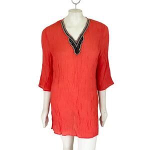 AMIANI Beaded Neck 3/4 Sleeve Gauzy Swim Cover Up in Coral Orange SZ M